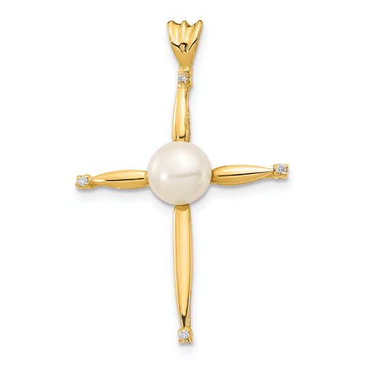 14K Yellow Gold 6 7mm White Button Freshwater Cultured Pearl And .02 Carat Diamond Cross Pendant