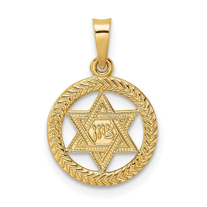 14K Yellow Gold Polished And Textured Solid Star Of David In Frame Pendant