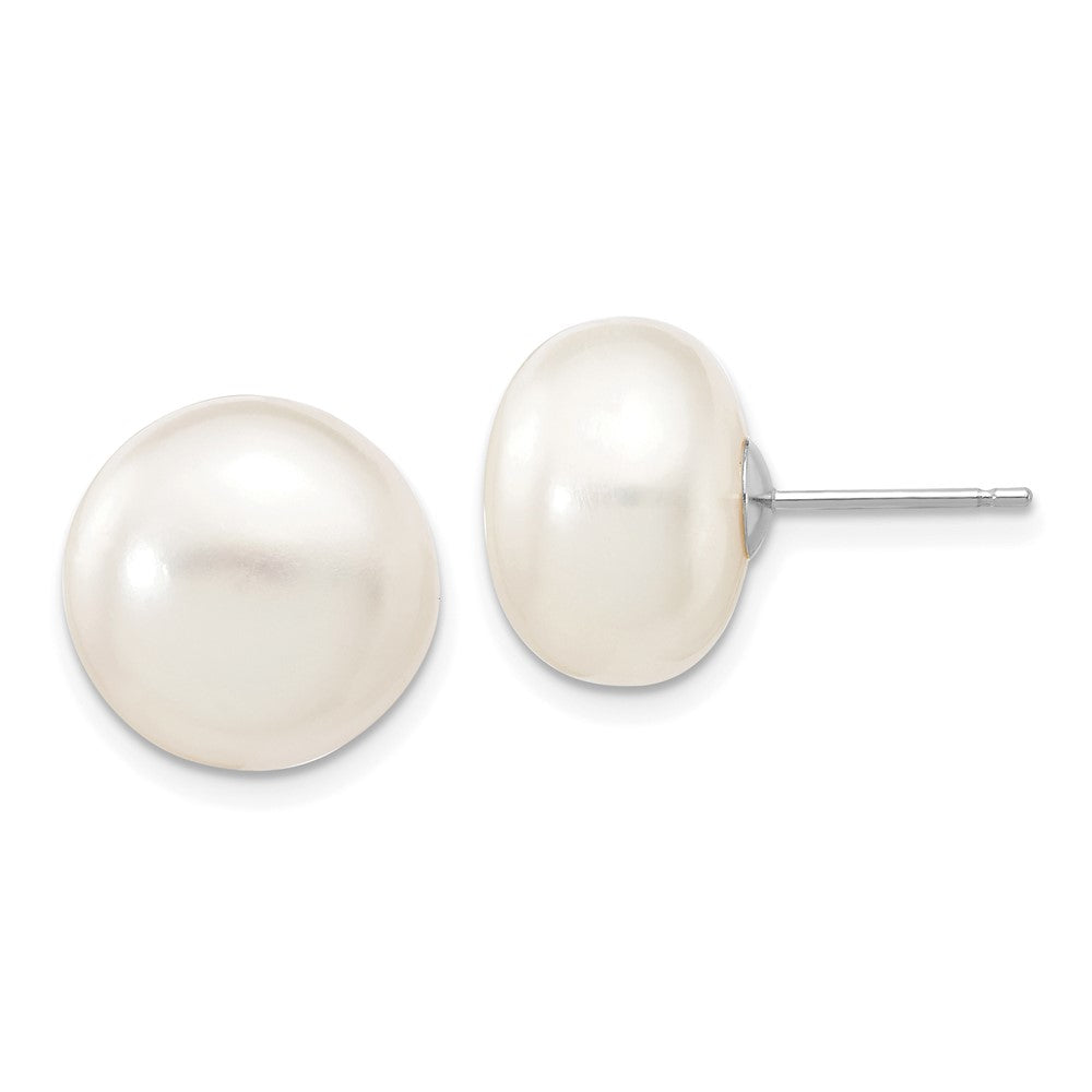 14K White Gold 12 13mm Button Freshwater Cultured Pearl Stud Post Earrings
