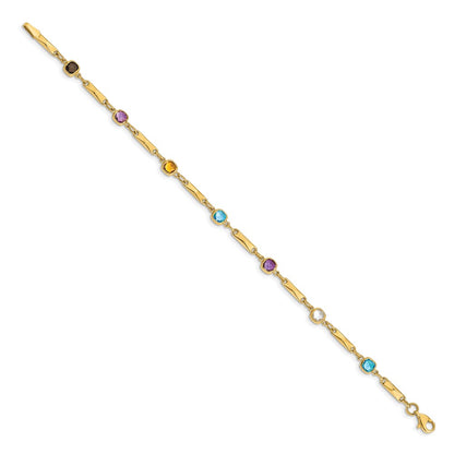 14K Yellow Gold Complete Cushion Cut Sky Blue Topaz/White Quartz/Smoky Quartz/Amethyst/Citrine Fancy Link 7 Inch Rainbow Bracelet