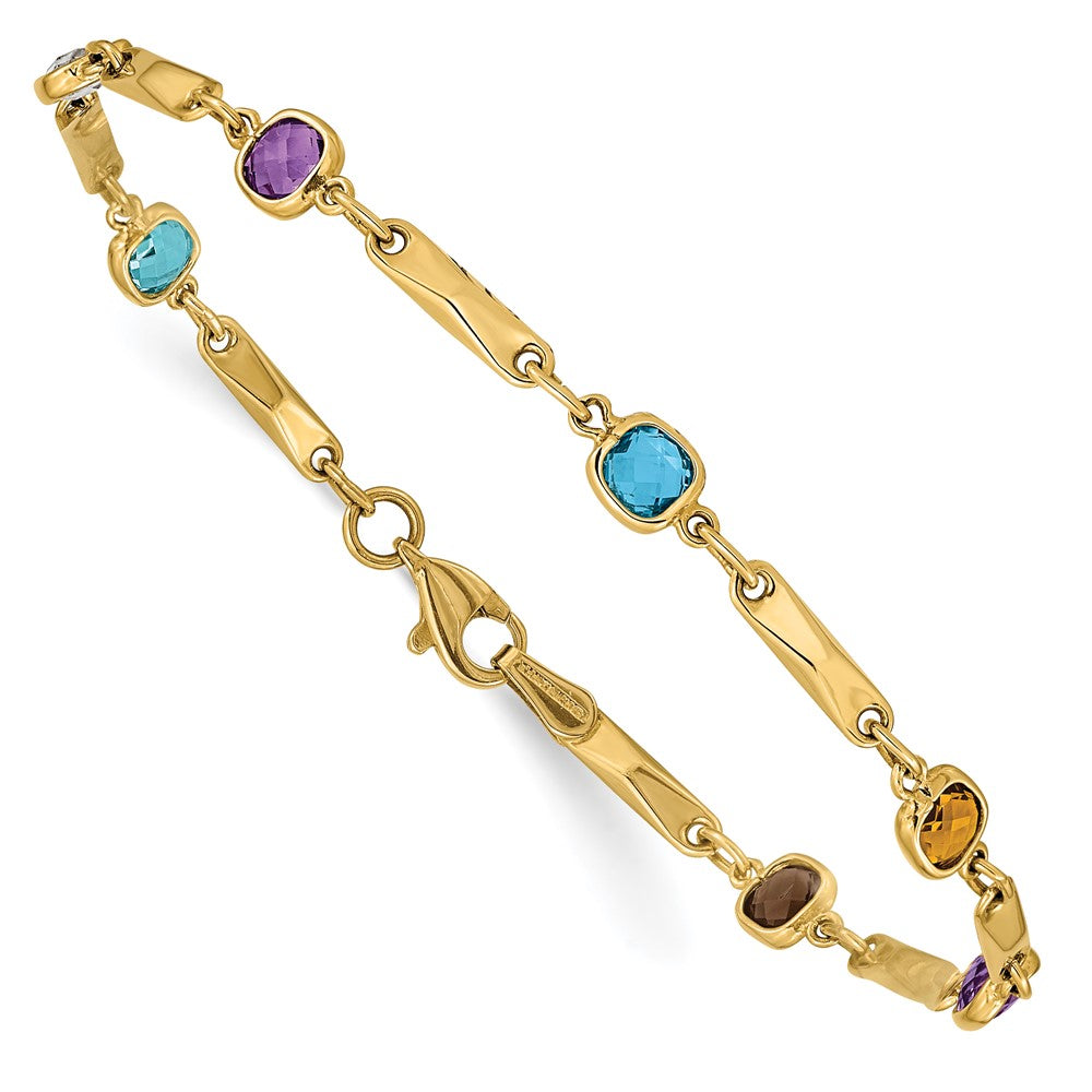 14K Yellow Gold Complete Cushion Cut Sky Blue Topaz/White Quartz/Smoky Quartz/Amethyst/Citrine Fancy Link 7 Inch Rainbow Bracelet