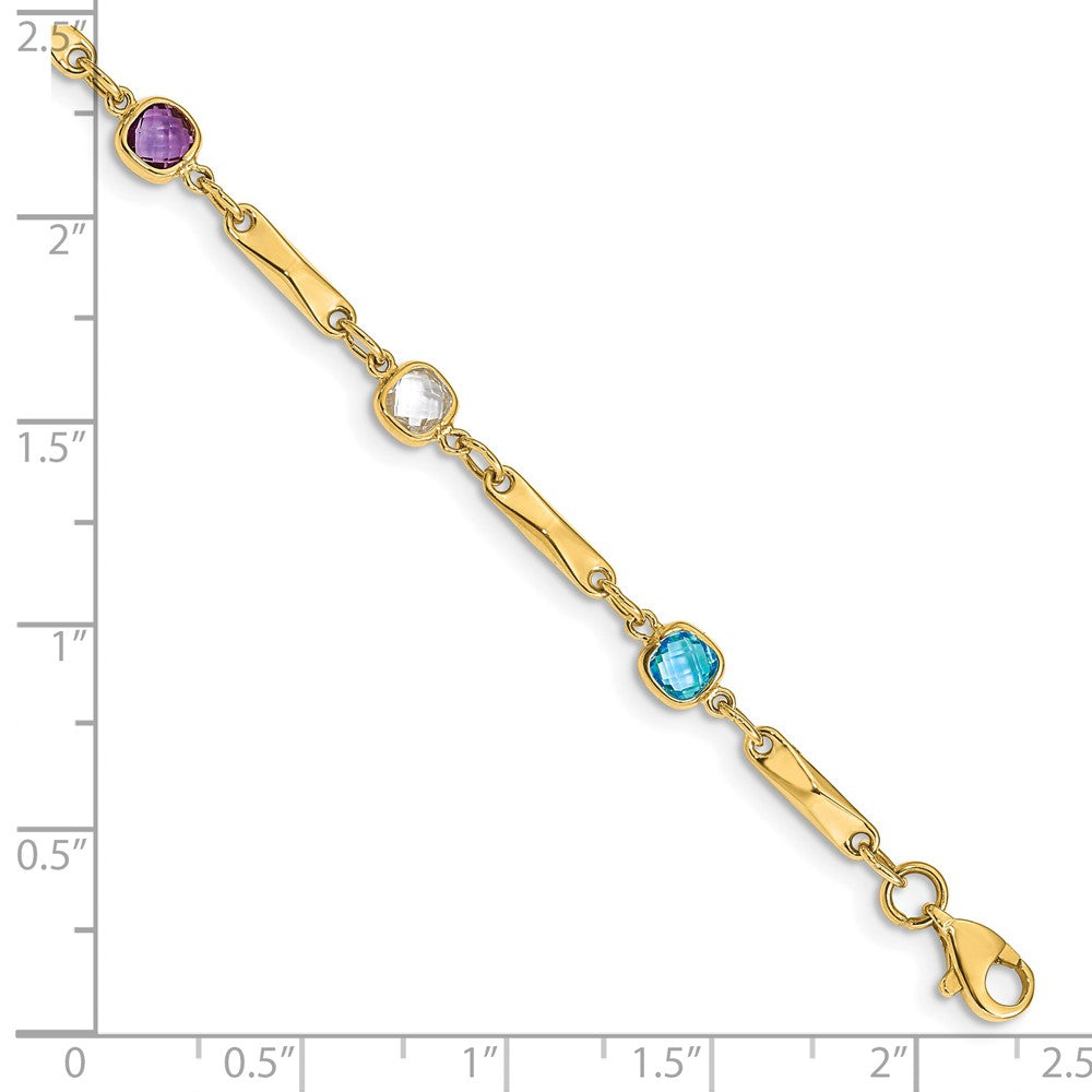 14K Yellow Gold Complete Cushion Cut Sky Blue Topaz/White Quartz/Smoky Quartz/Amethyst/Citrine Fancy Link 7 Inch Rainbow Bracelet
