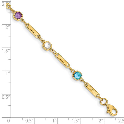 14K Yellow Gold Complete Cushion Cut Sky Blue Topaz/White Quartz/Smoky Quartz/Amethyst/Citrine Fancy Link 7 Inch Rainbow Bracelet