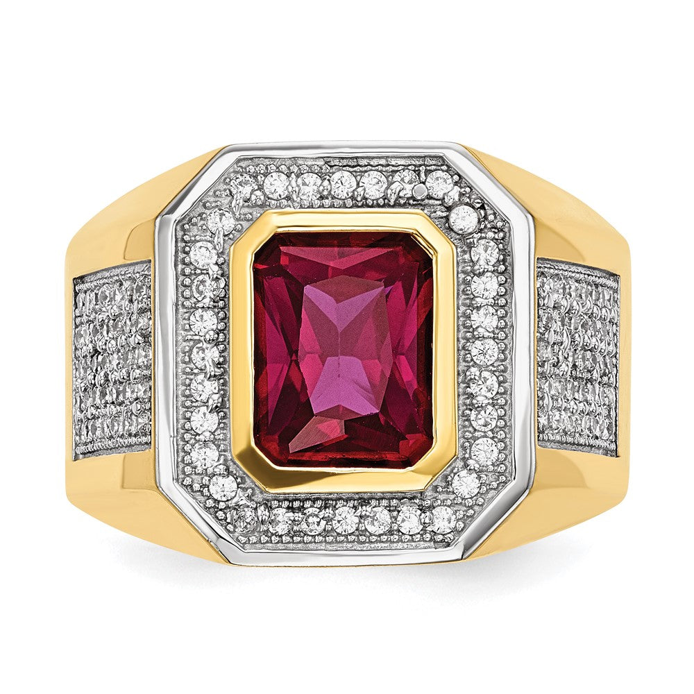 14K Yellow & Rhodium Cz Emerald Cut Red Mens Ring