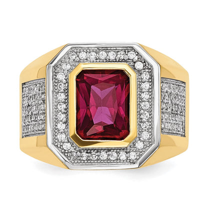 14K Yellow & Rhodium Cz Emerald Cut Red Mens Ring