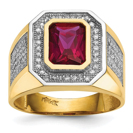 14K Yellow & Rhodium Cz Emerald Cut Red Mens Ring