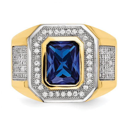14K Yellow & Rhodium W/ Cz Emerald Cut Blue Mens Ring