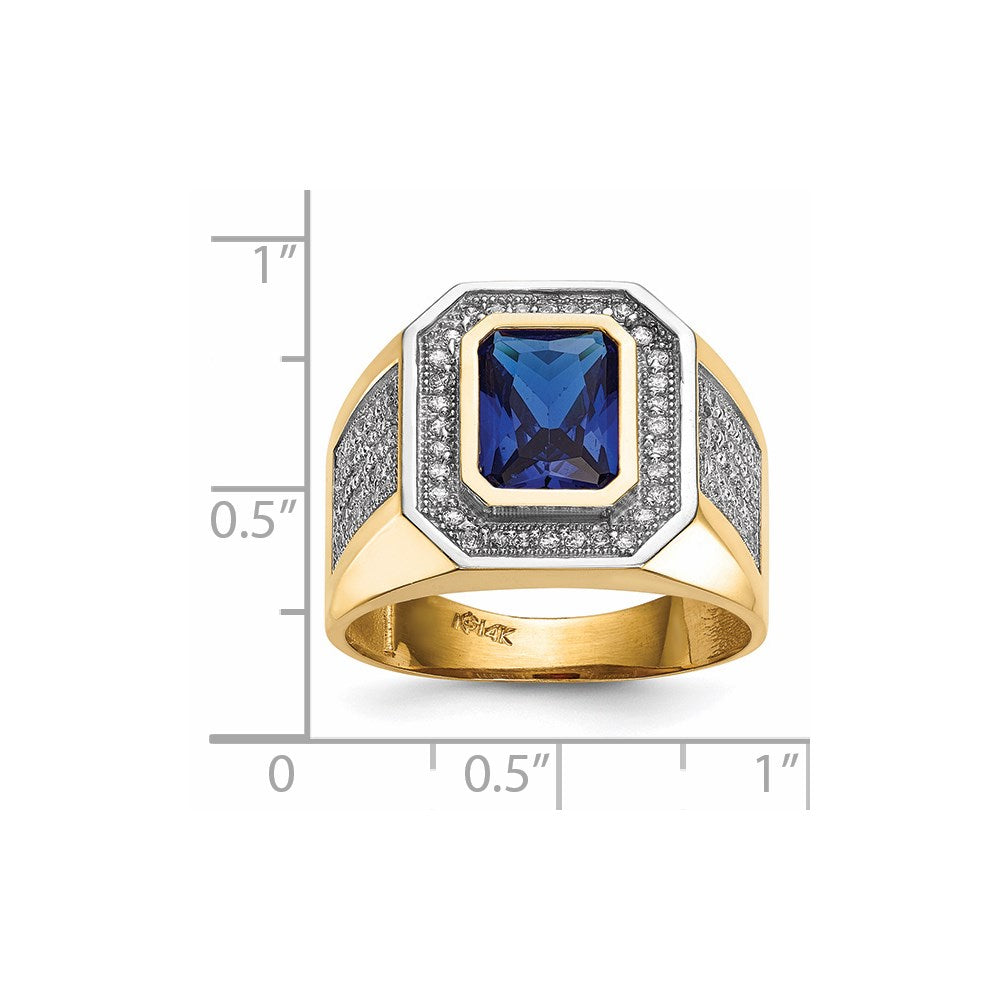 14K Yellow & Rhodium W/ Cz Emerald Cut Blue Mens Ring