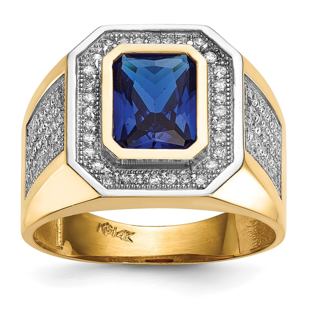 14K Yellow & Rhodium W/ Cz Emerald Cut Blue Mens Ring