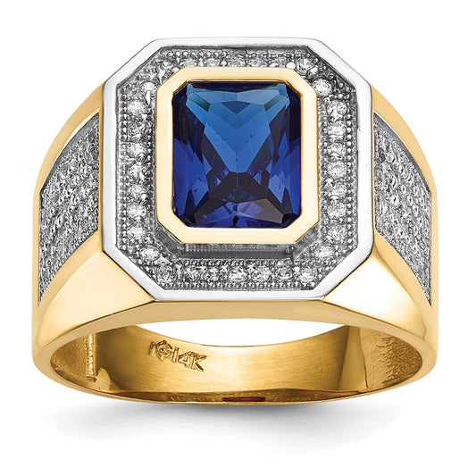 14K Yellow & Rhodium W/ Cz Emerald Cut Blue Mens Ring