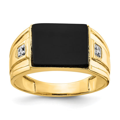 14K Yellow Gold Men's CZ and Black Onyx Signet Ring