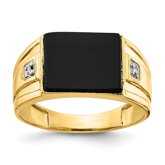 14K Yellow Gold Men's CZ and Black Onyx Signet Ring