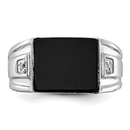 14K White Gold Men's Real Diamond and Black Onyx Signet Ring