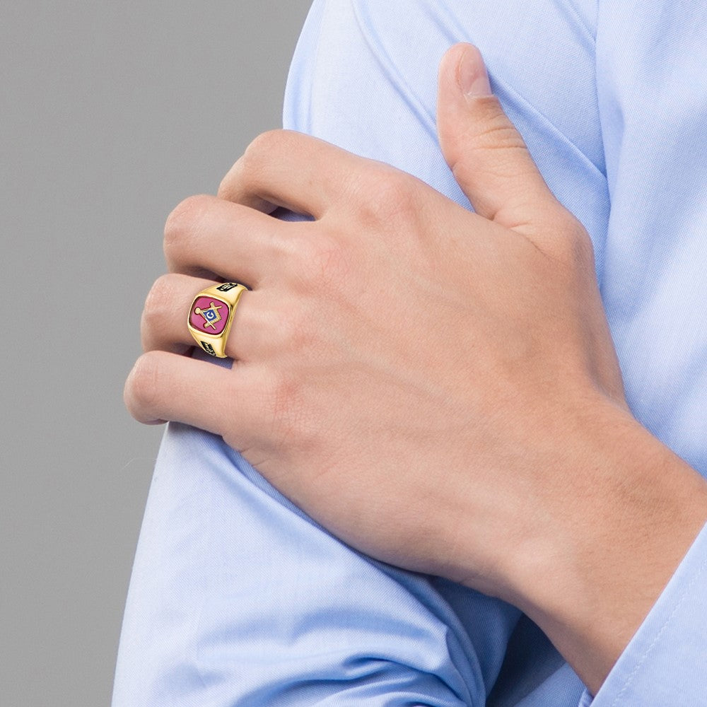 Solid 14k Yellow Gold Men's Synthetic Simulated Ruby Masonic Ring