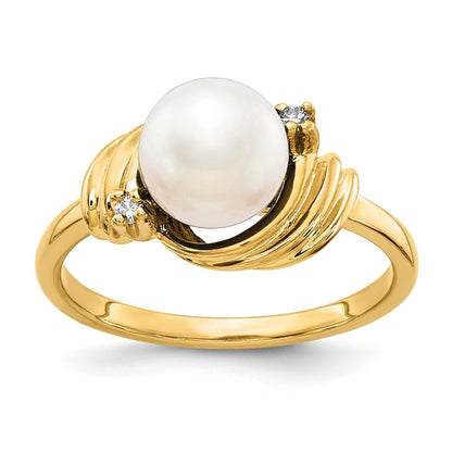 14k Yellow Gold 7mm FW Cultured Pearl AAA Diamond ring