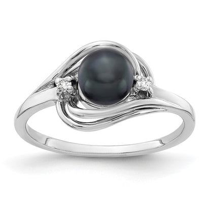 14k White Gold 5.5mm Black FW Cultured Pearl VS Real Diamond ring