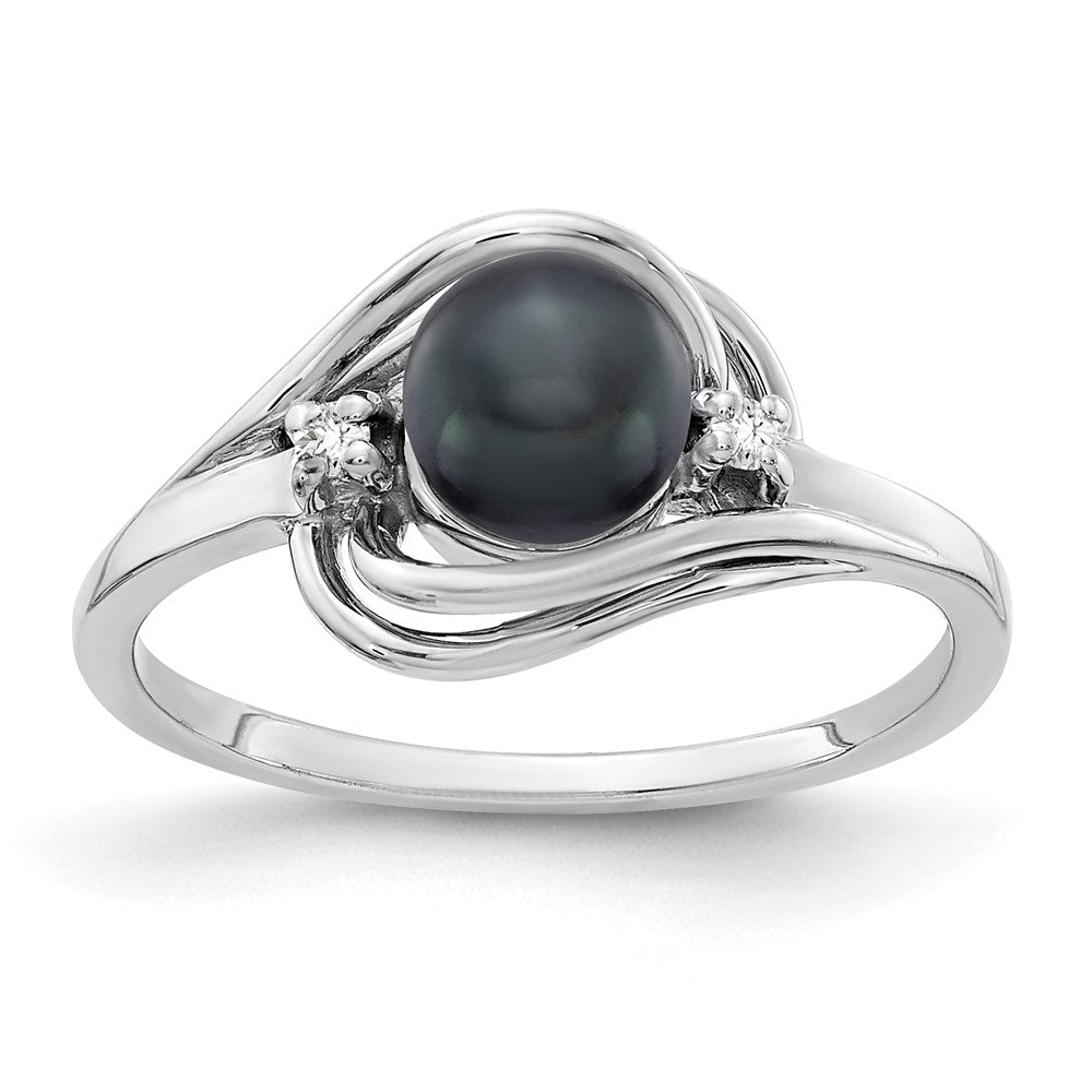 14k White Gold 5.5mm Black FW Cultured Pearl AA Real Diamond ring