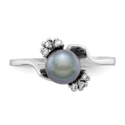 14k White Gold 6mm Black FW Cultured Pearl A Real Diamond ring