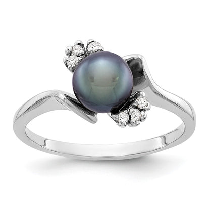 14k White Gold 6mm Black FW Cultured Pearl A Real Diamond ring