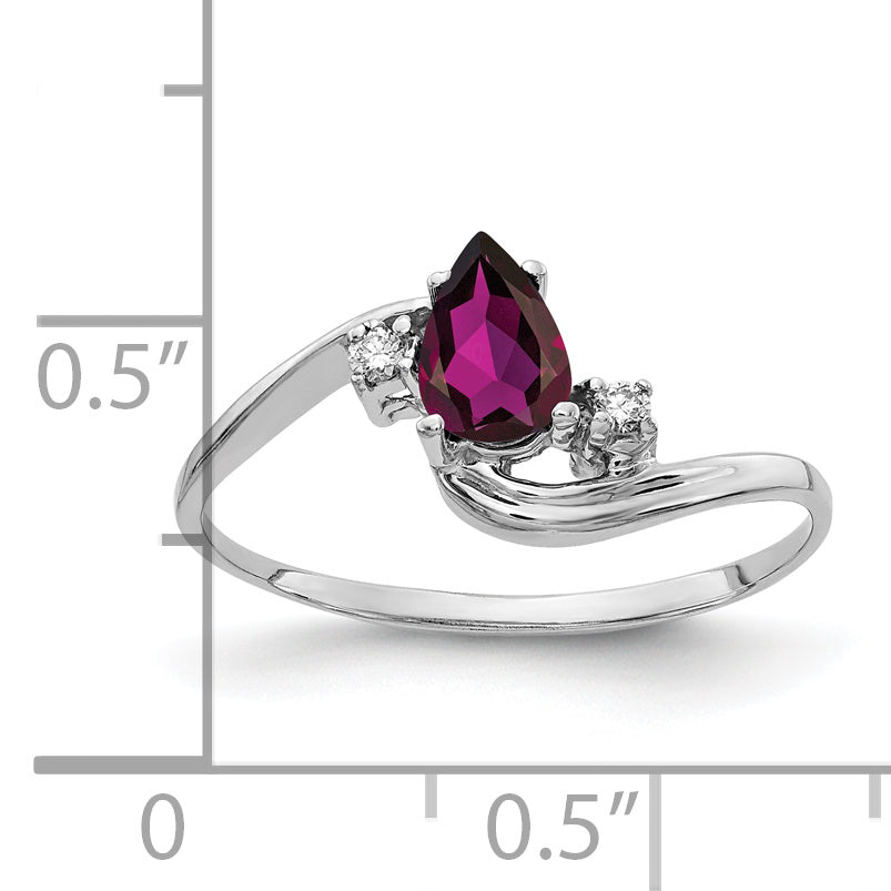 14K White Gold 6X4mm Pear Rhodolite Garnet A Diamond Ring