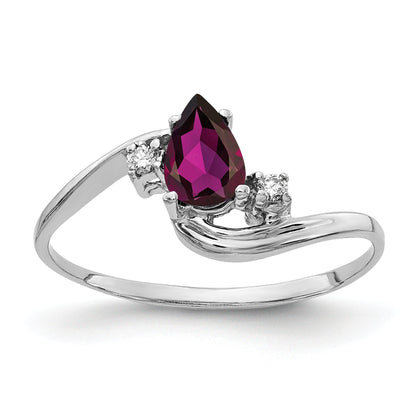 14K White Gold 6X4mm Pear Rhodolite Garnet A Diamond Ring