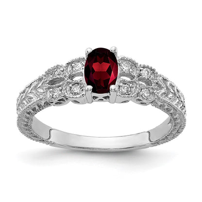 14k White Gold 6x4mm Oval Garnet Checker AA Real Diamond ring