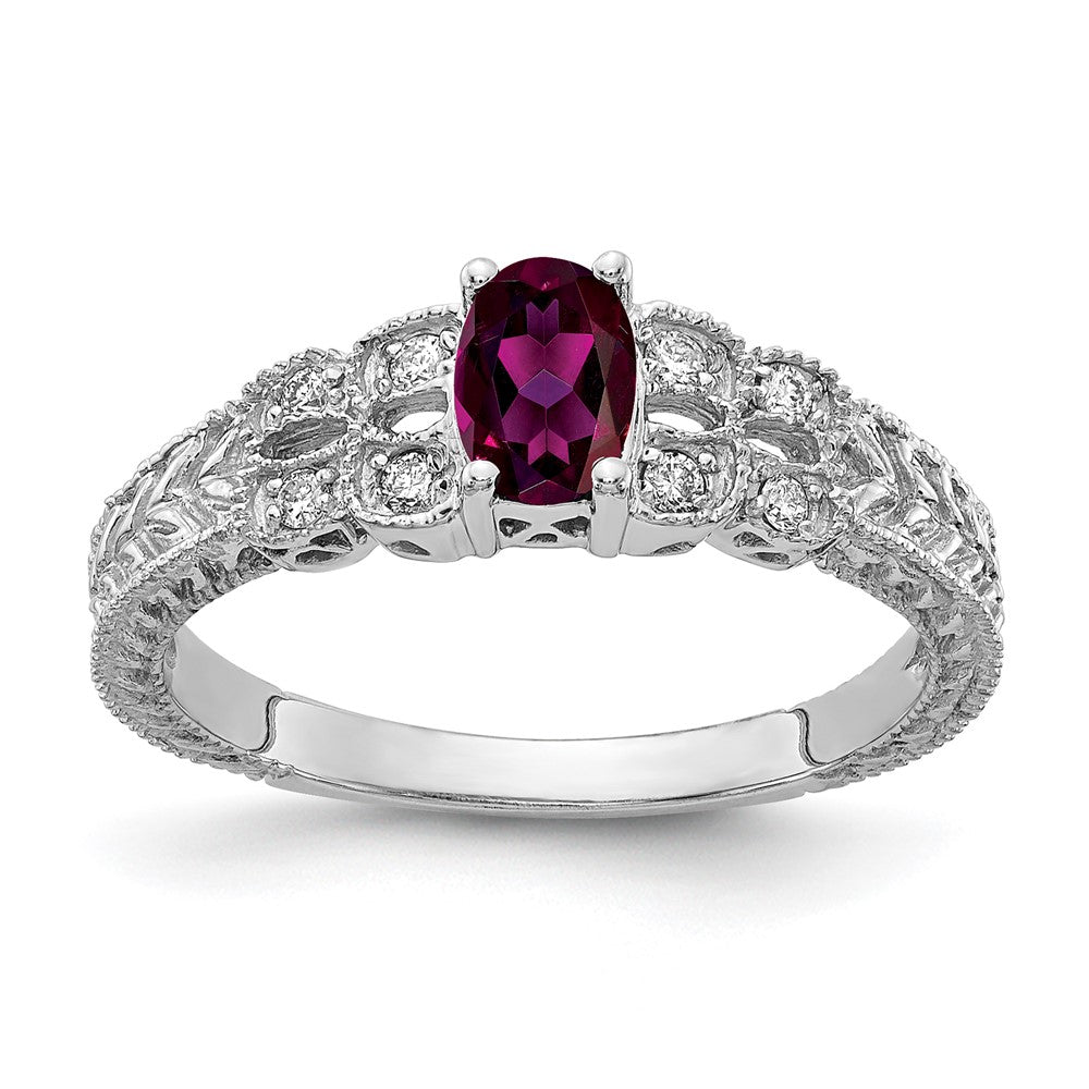 Solid 14k White Gold 6x4mm Oval Rhodolite Simulated Garnet A CZ Ring