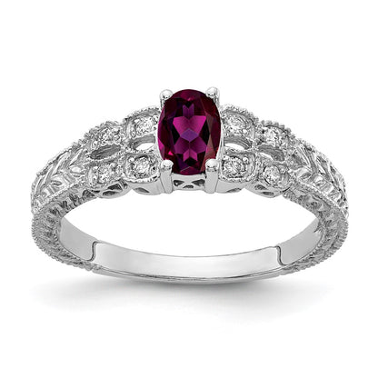 Solid 14k White Gold 6x4mm Oval Rhodolite Simulated Garnet A CZ Ring