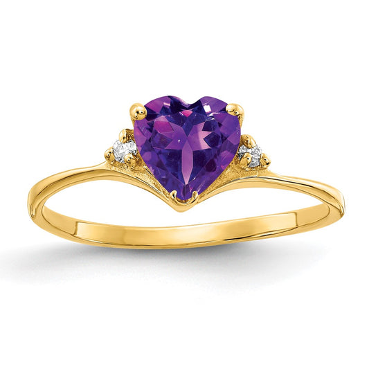 14K Yellow Gold 6mm Heart Amethyst A Diamond Ring