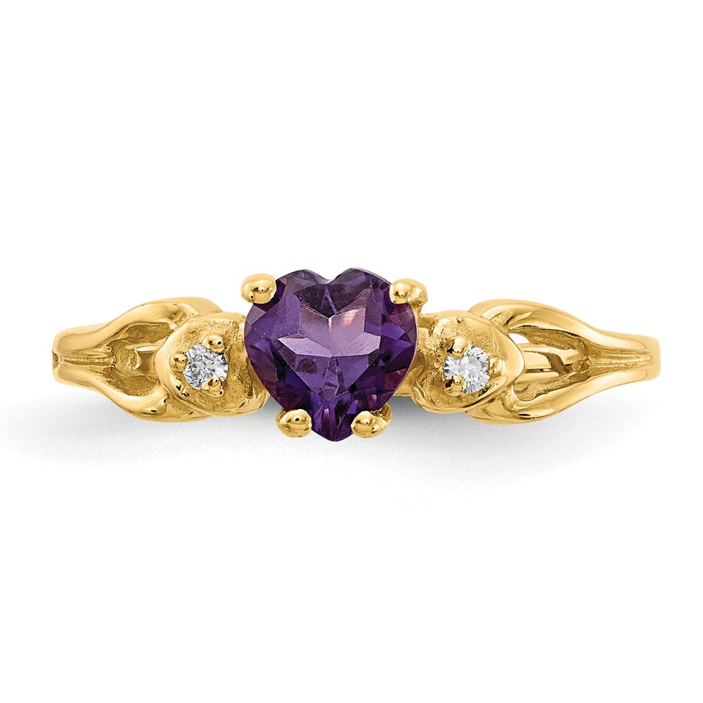 14K Yellow Gold 5mm Heart Amethyst Vs Diamond Ring
