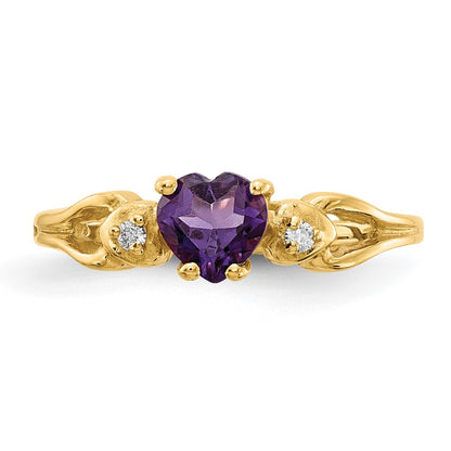 14K Yellow Gold 5mm Heart Amethyst Aa Diamond Ring