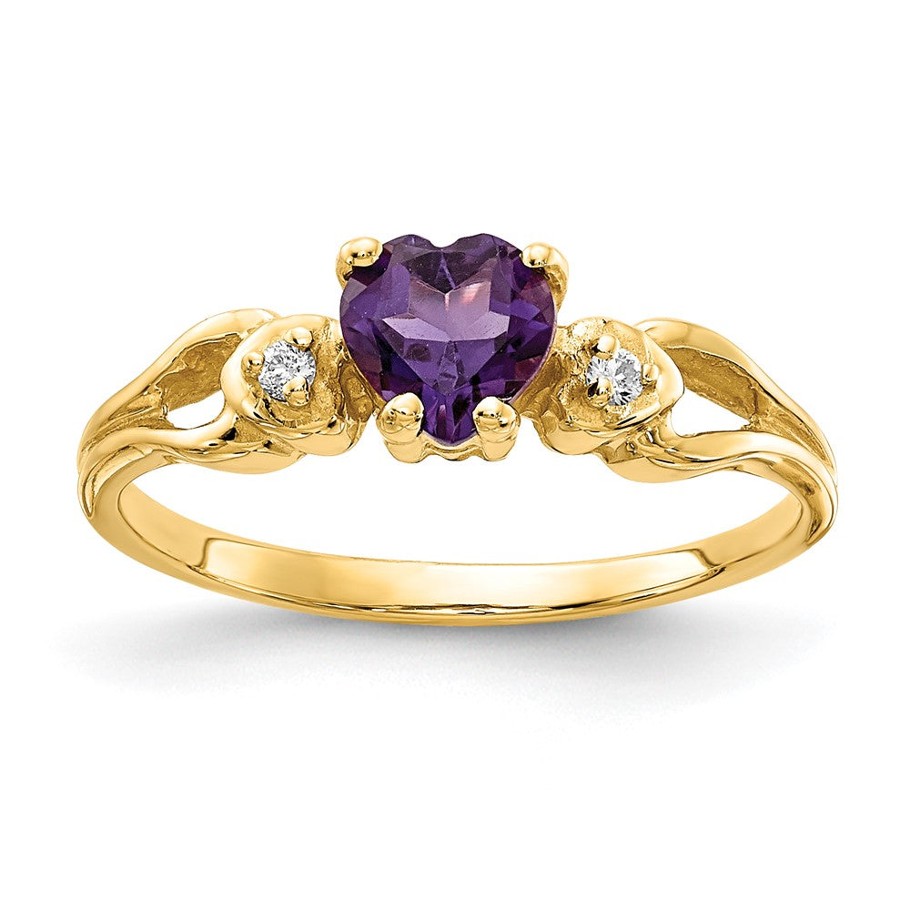 14K Yellow Gold 5mm Heart Amethyst Vs Diamond Ring