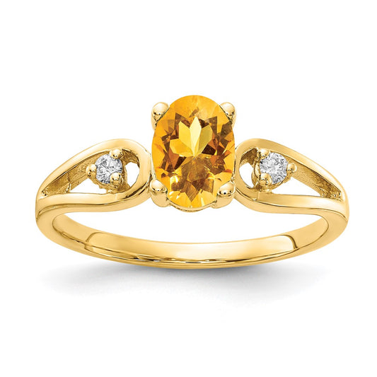 14K Yellow Gold 7X5mm Oval Citrine Vs Diamond Ring