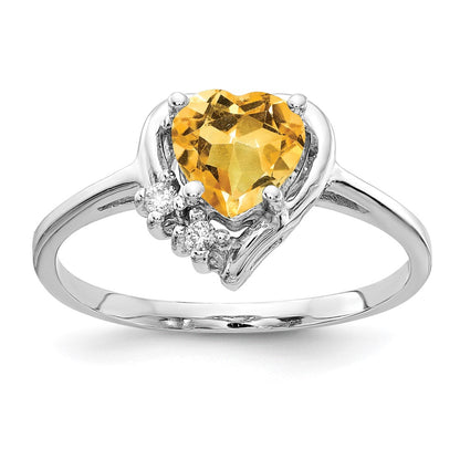 14K White Gold 6mm Heart Citrine Vs Diamond Ring