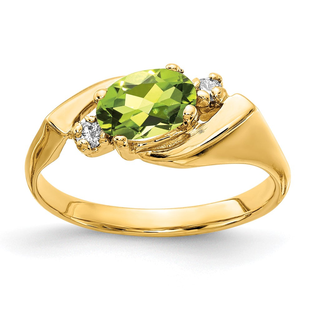 14K Yellow Gold 7X5mm Oval Peridot Checker Aa Diamond Ring