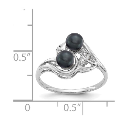 14K White Gold 4.5mm Black Fw Cultured Pearl Aa Diamond Ring