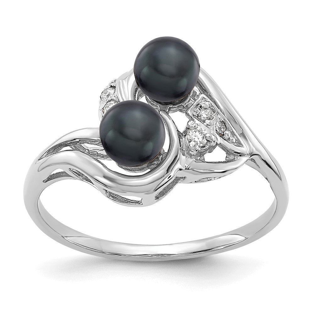 14K White Gold 4.5mm Black Fw Cultured Pearl Aa Diamond Ring