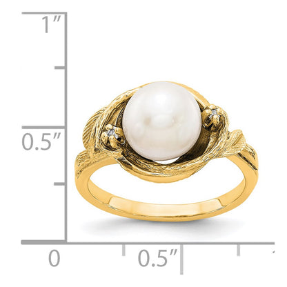14K Yellow Gold 7.5mm Fw Cultured Pearl Aa Diamond Ring