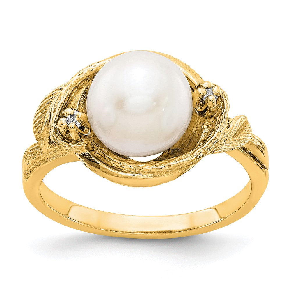 14K Yellow Gold 7.5mm Fw Cultured Pearl Aa Diamond Ring