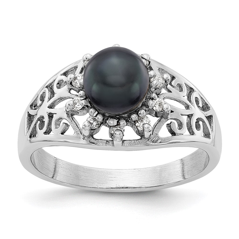 14k White Gold 6mm Black FW Cultured Pearl AA Diamond ring