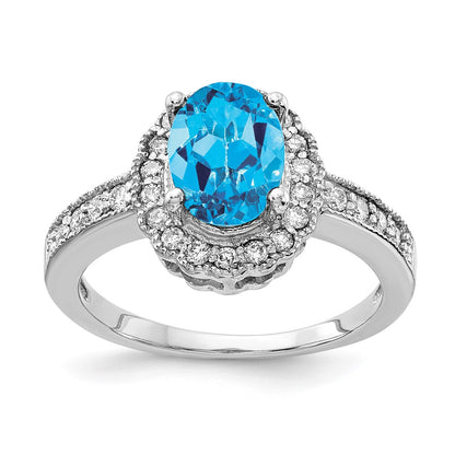 14k White Gold 8x6mm Oval Blue Topaz VS Real Diamond ring