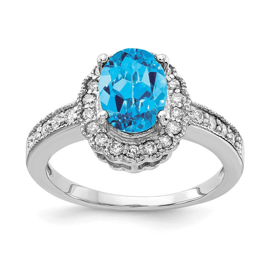 14k White Gold 8x6mm Oval Blue Topaz VS Real Diamond ring
