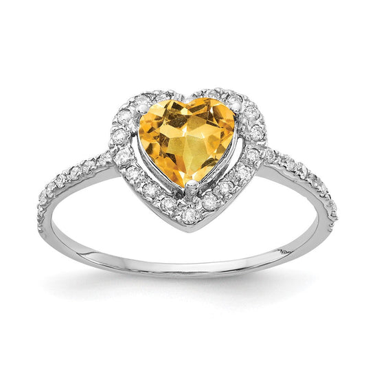 14k White Gold 6mm Heart Citrine AAA Real Diamond ring
