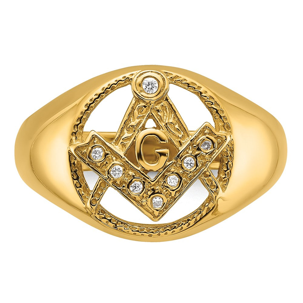 14K Yellow Gold Men'S Polished And Textured A Quality Diamond Masonic Ring