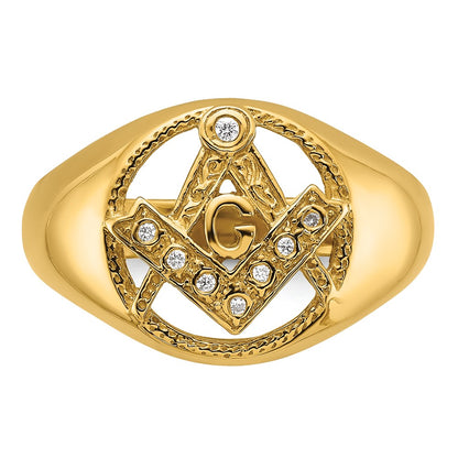 14K Yellow Gold Men'S Polished And Textured A Quality Diamond Masonic Ring