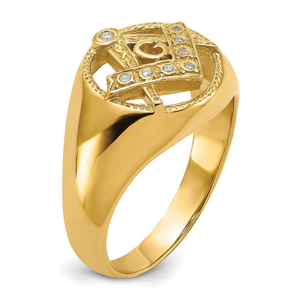 14K Yellow Gold Men'S Polished And Textured Vs Quality Diamond Masonic Ring