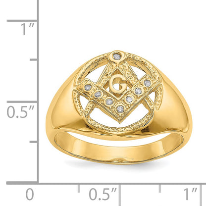 14K Yellow Gold Men'S Polished And Textured A Quality Diamond Masonic Ring