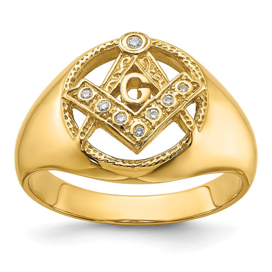 14K Yellow Gold Men'S Polished And Textured A Quality Diamond Masonic Ring