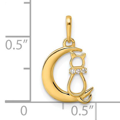 14k Yellow Gold 14k Childrens CZ Cat and Moon Pendant