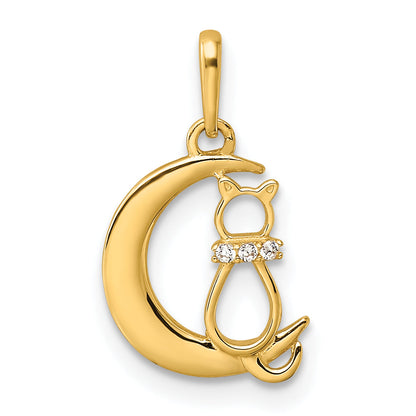 14k Yellow Gold 14k Childrens CZ Cat and Moon Pendant
